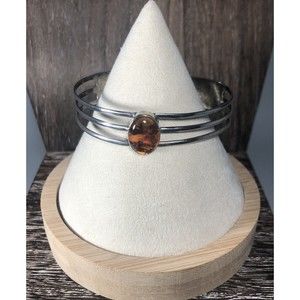 Vintage Modernist Sterling Silver & Genuine Baltic Amber Cuff Bracelet, 6.25”